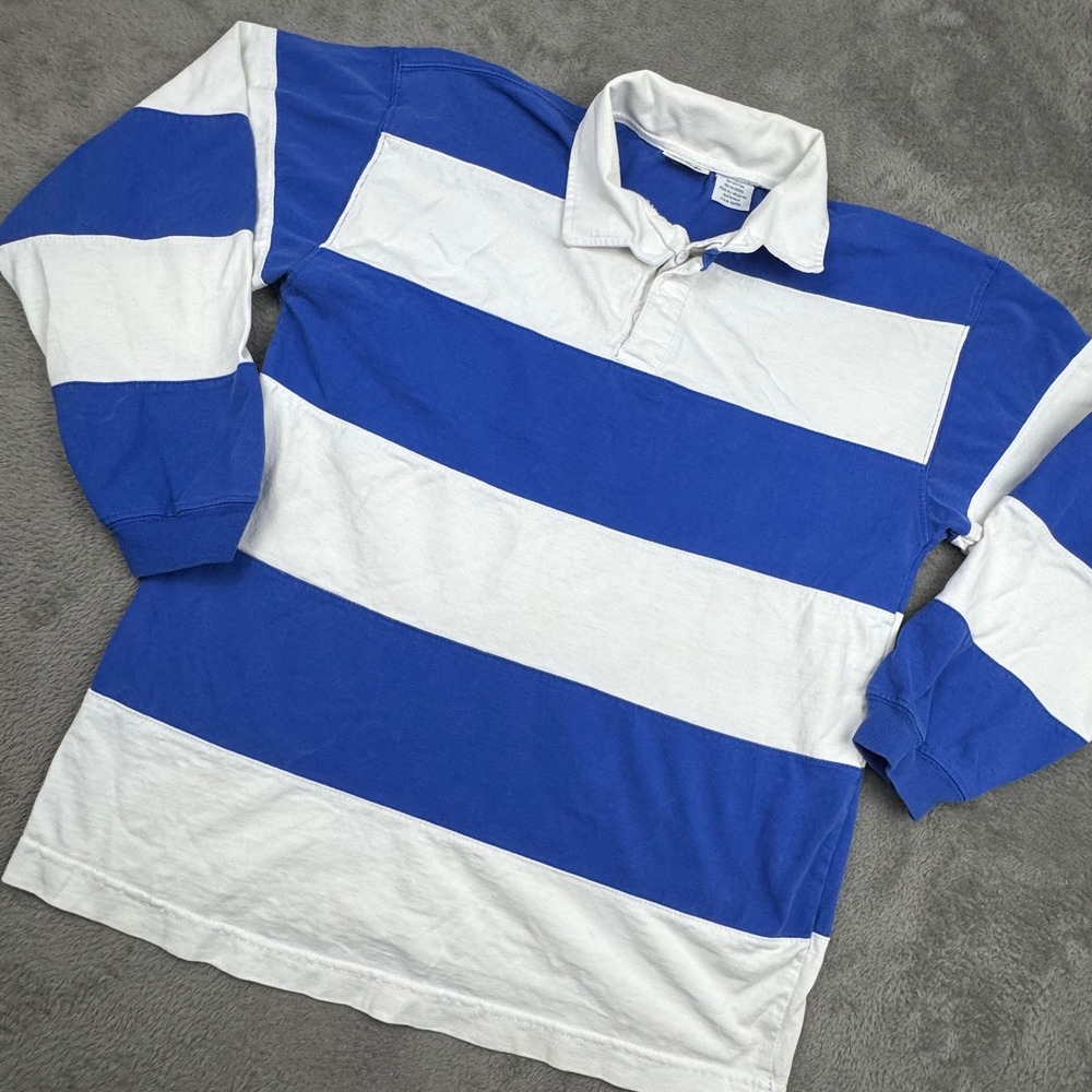 Basic Editions Rugby Shirt Mens Medium Blue White Excellent Vintage Y2K Striped